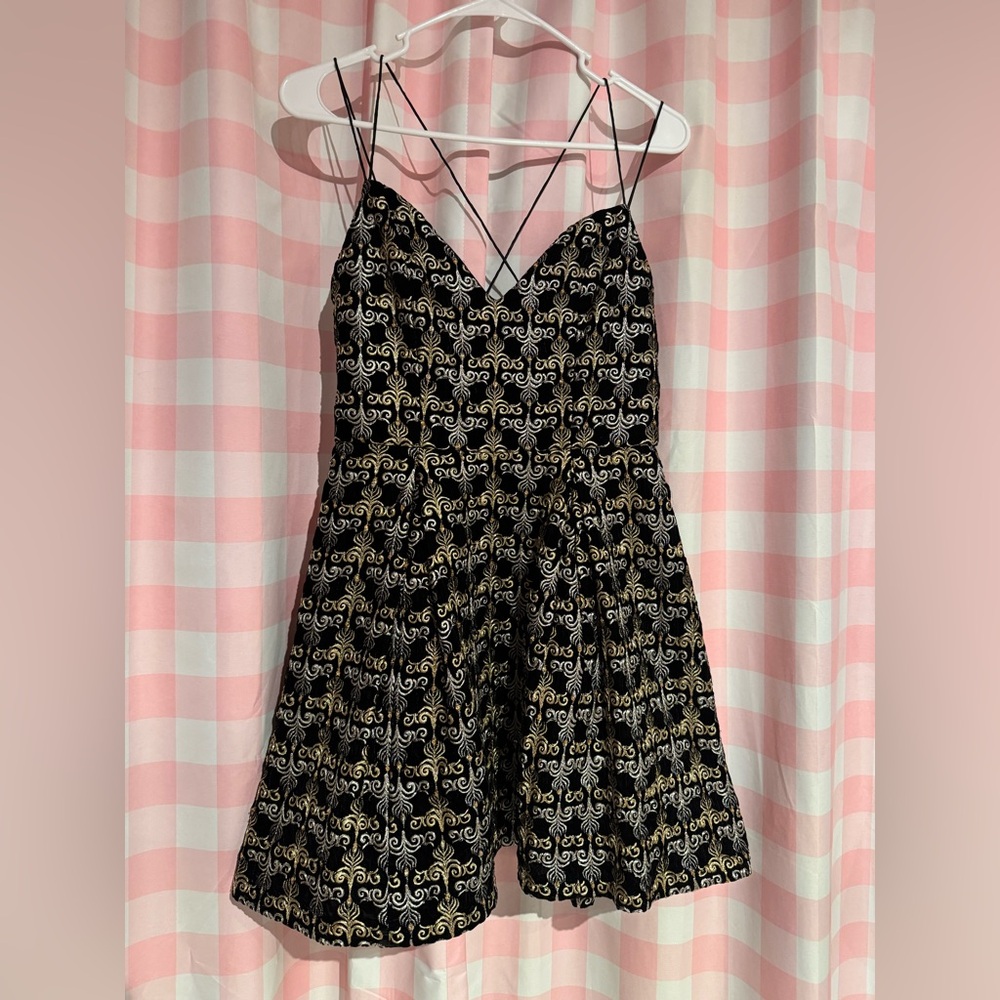 Alice + Olivia Marilla Velvet Embroidered Strappy Mini Dress Black/Gold